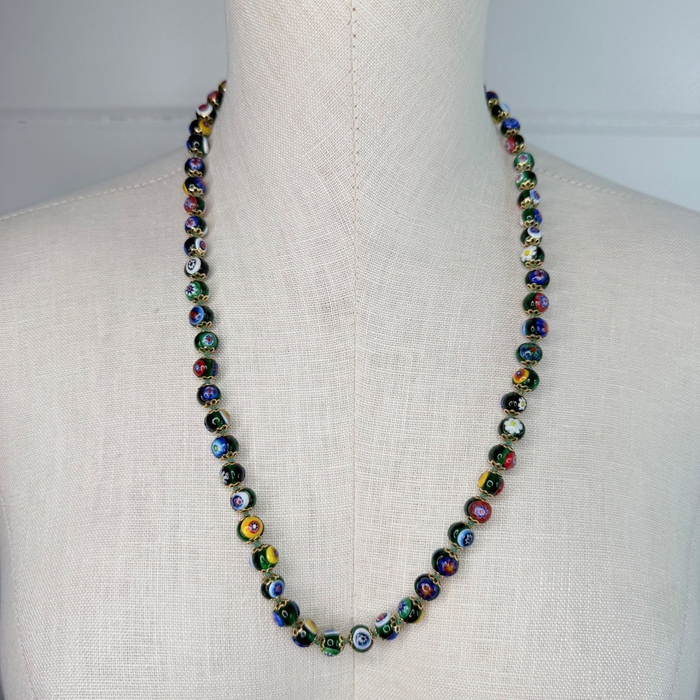 Millefiori Murano Glass Knotted Italian Floral Beaded Necklace 24" VTG - Picture 11 of 11